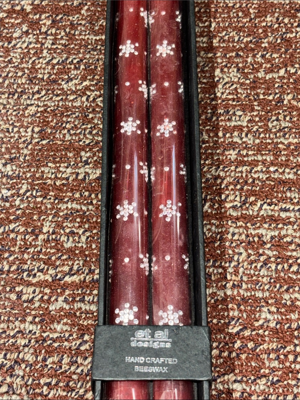 Et al winter snowflake gem Handcrafted Red Beeswax Taper Candles - Set of 2